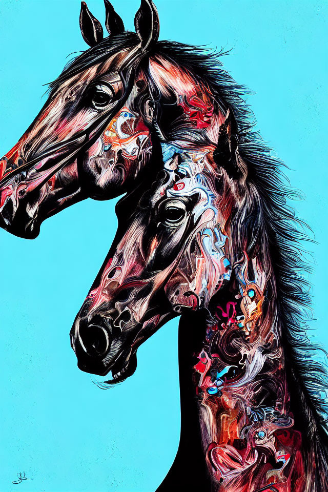 Colorful Stylized Horses on Turquoise Background