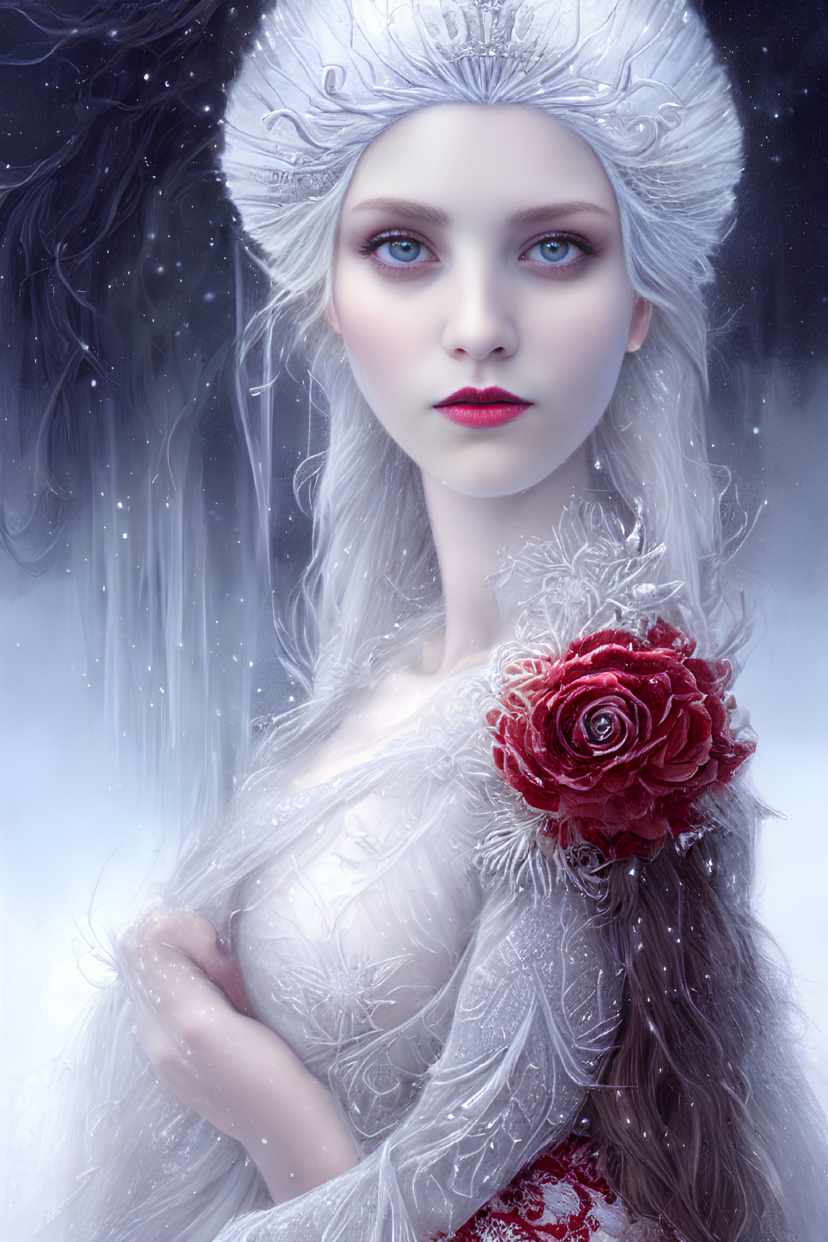 Pale-skinned woman with icy blue eyes and black hair in ornate headdress holding red rose in
