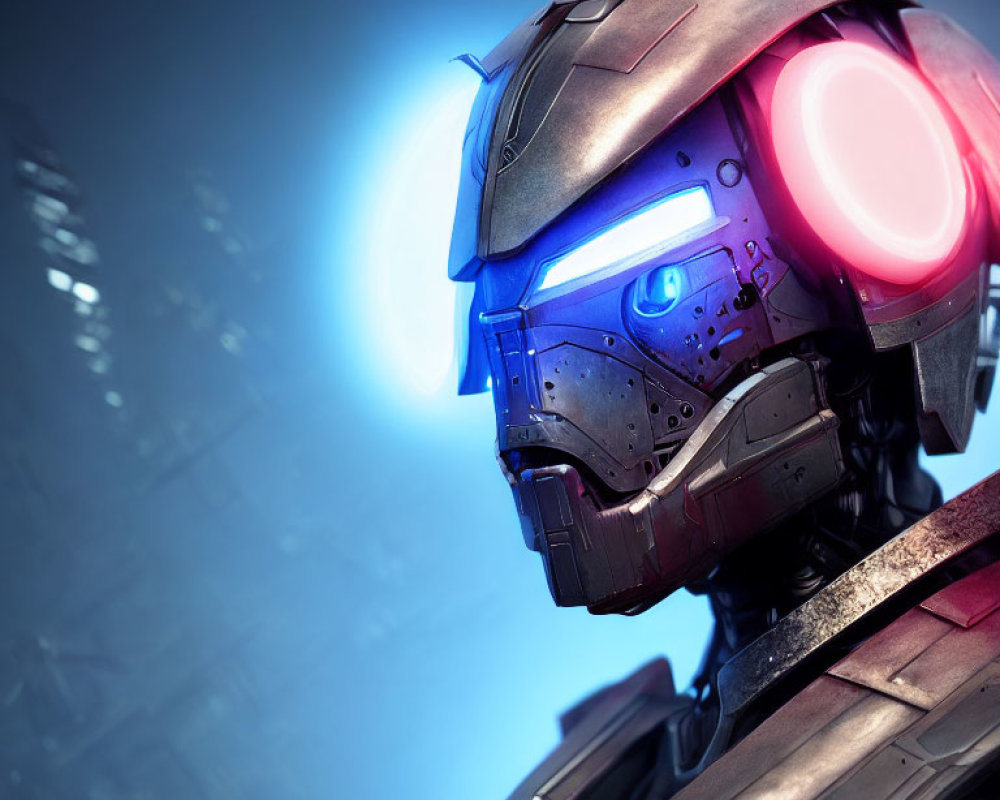 Futuristic helmet with glowing blue visor and red lights on blurred high-tech background