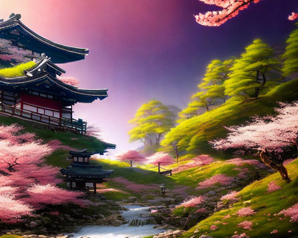 Asian architecture with cherry blossoms, stream, and colorful sky
