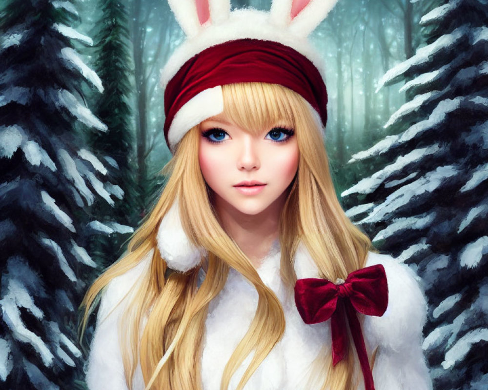 Person with Blue Eyes and Bunny Ears in Snowy Pine Forest