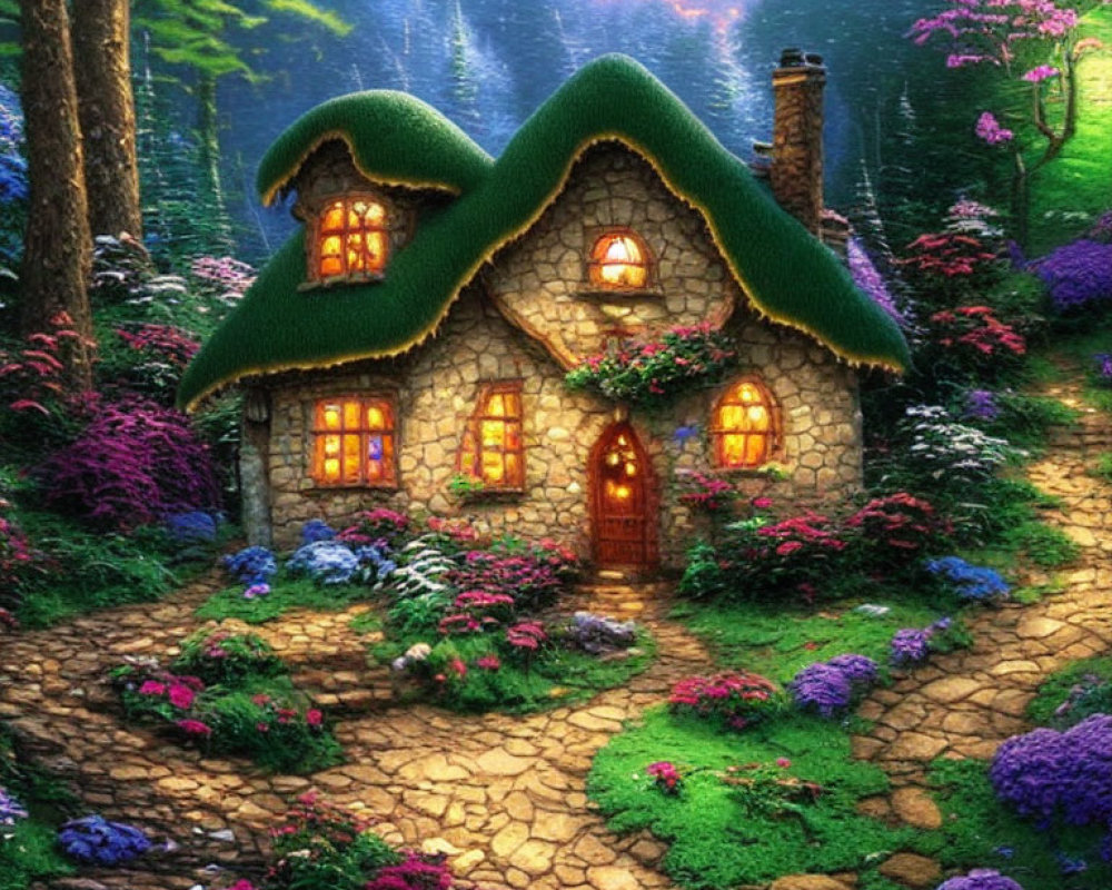 Stone cottage with thatched roof in vibrant forest with cobblestone path, flowers, and stream