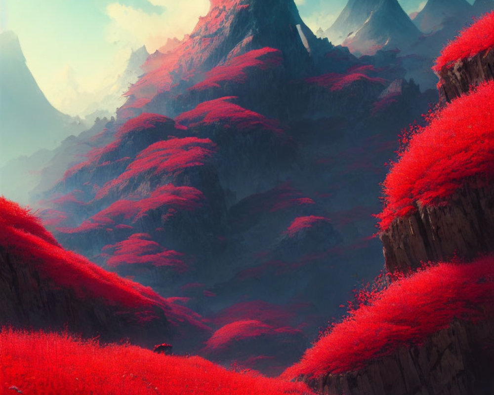 Vibrant red foliage on mountainous terrain under glowing sky
