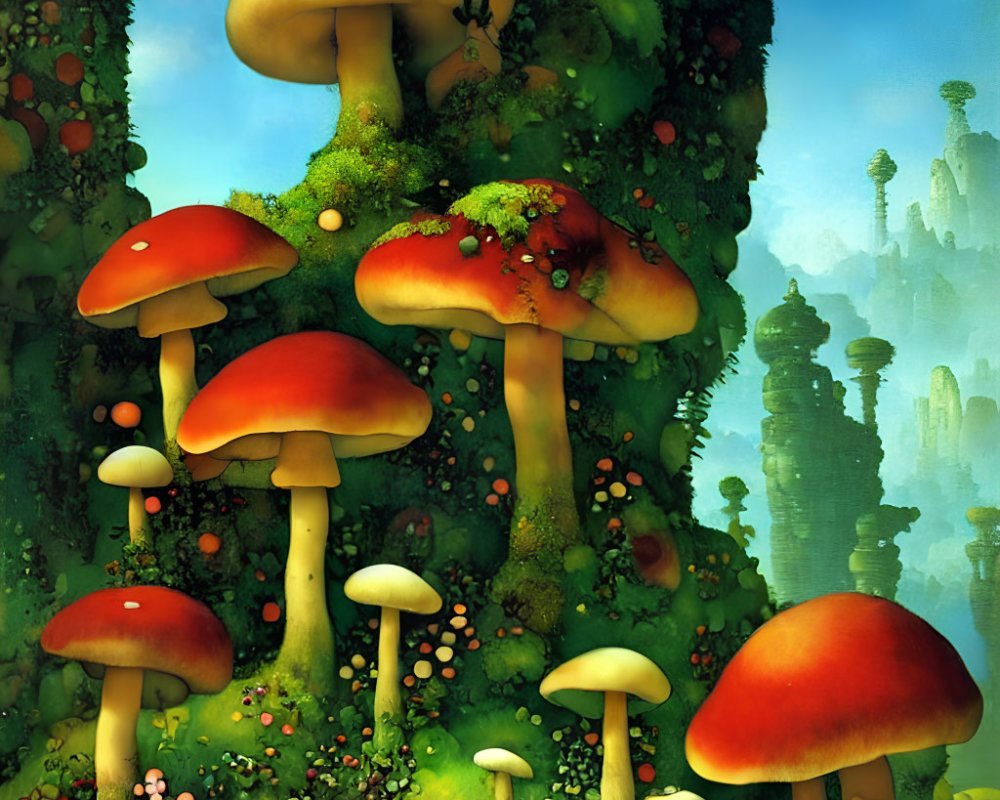 Colorful fantasy forest with red-capped mushrooms and hidden creatures