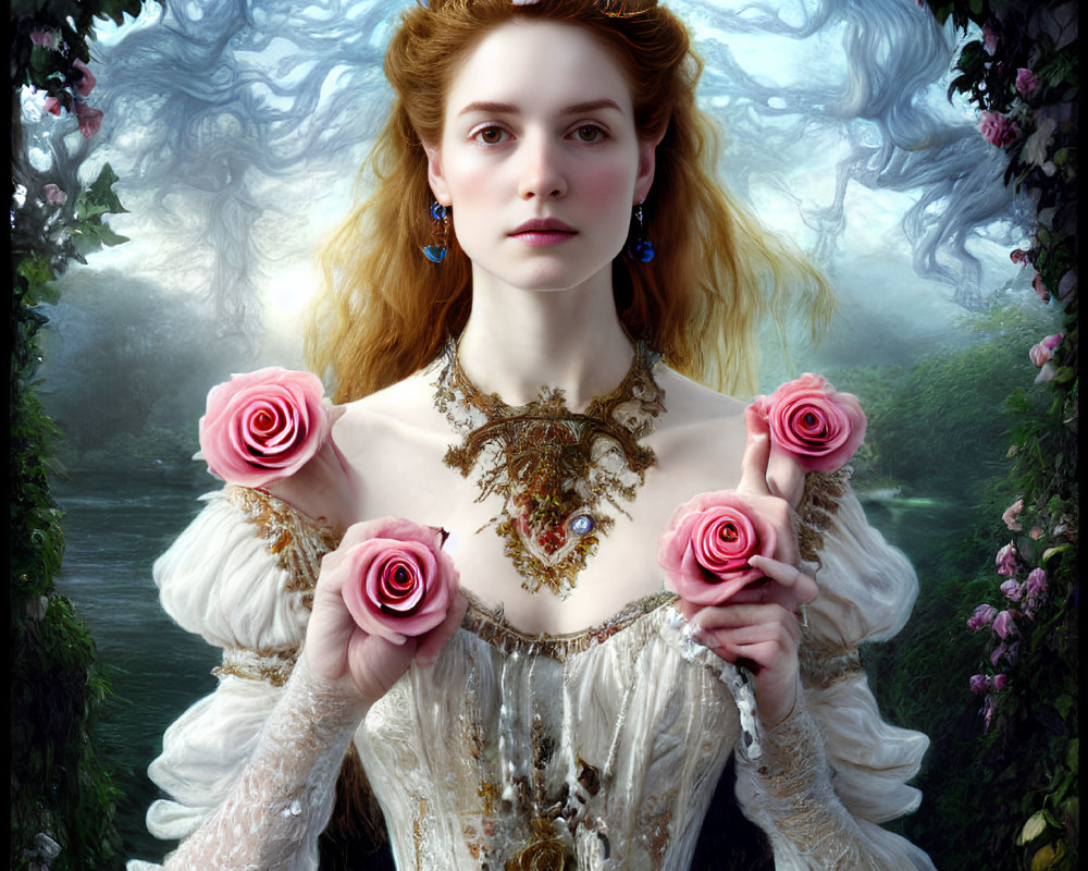 Regal woman in white and gold gown with roses in mystical forest