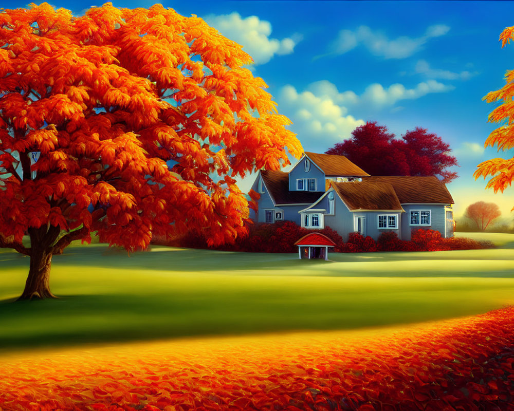Vibrant autumn foliage surrounds white house under clear blue sky