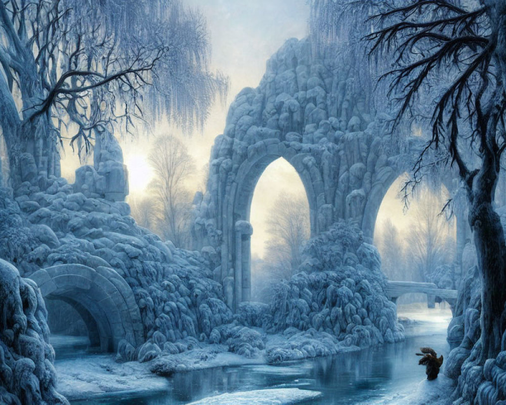 Snow-covered stone arches, frozen river, person crossing in mystical winter landscape