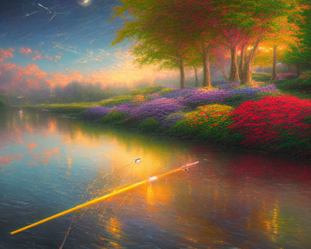 Vibrant trees beside calm lake with rowboat, starry sky crescent moon