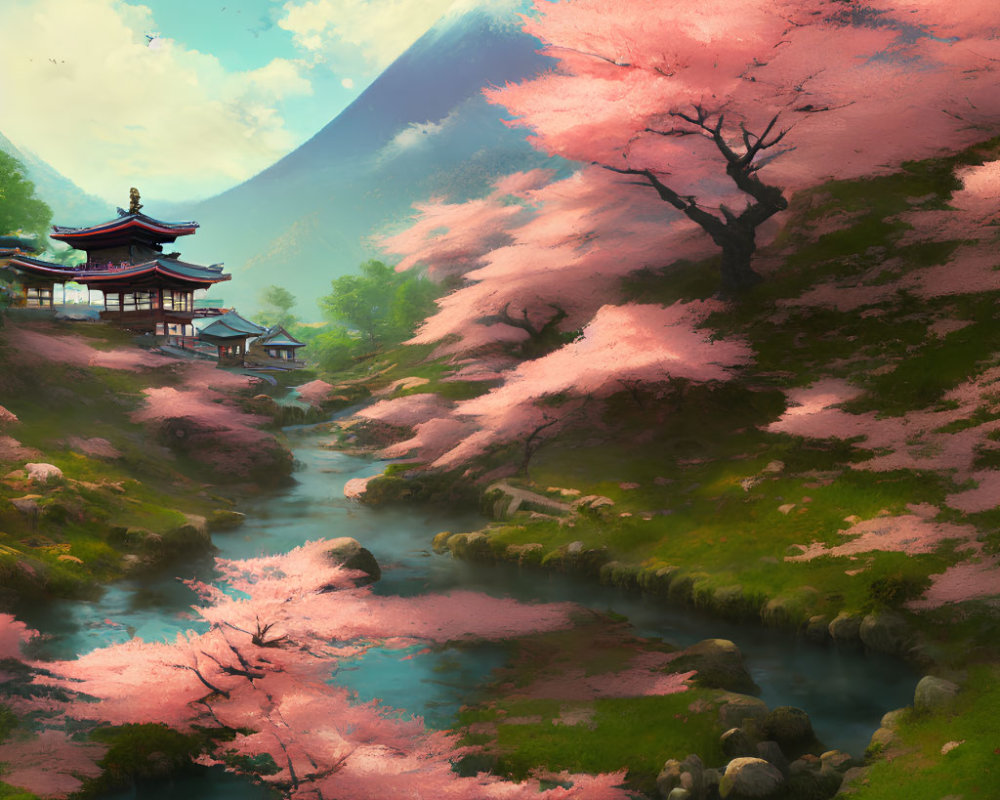 Serene landscape with cherry blossoms, river, Asian architecture, and mountain