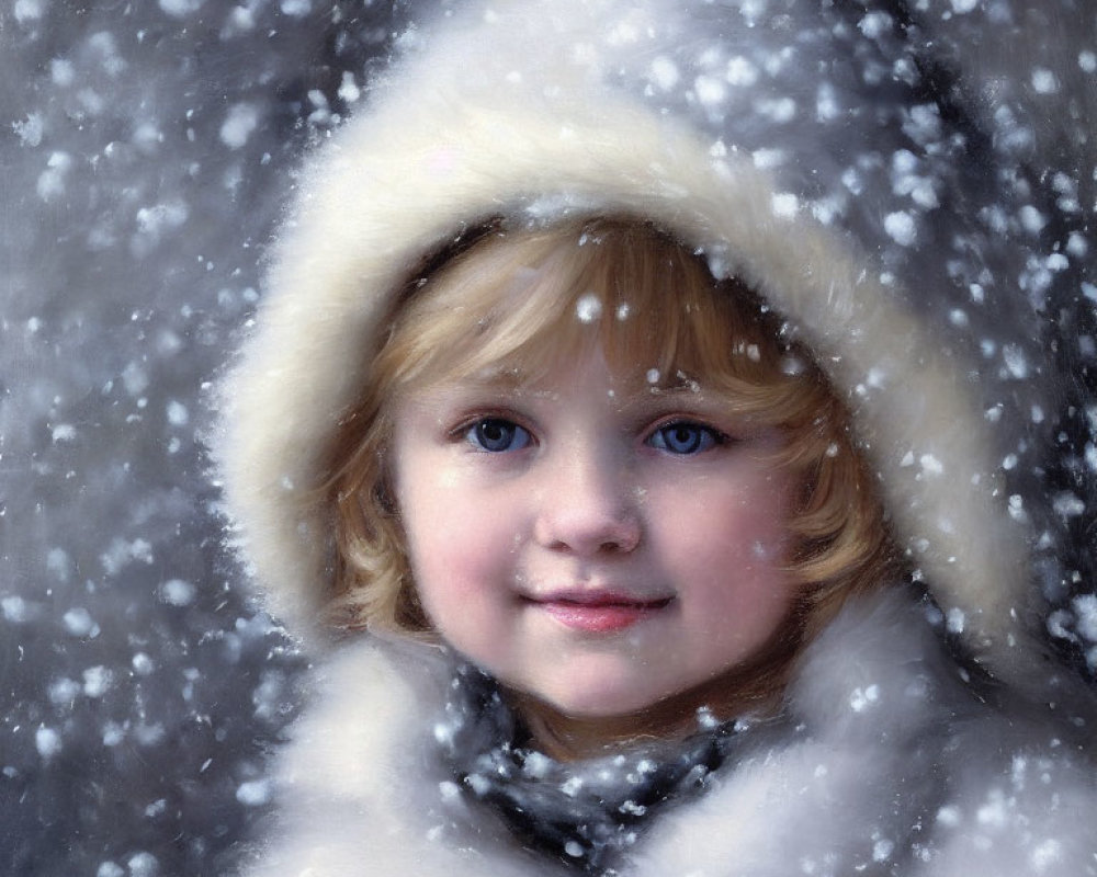 Blond-Haired Child in White Hooded Coat Smiling in Snowfall