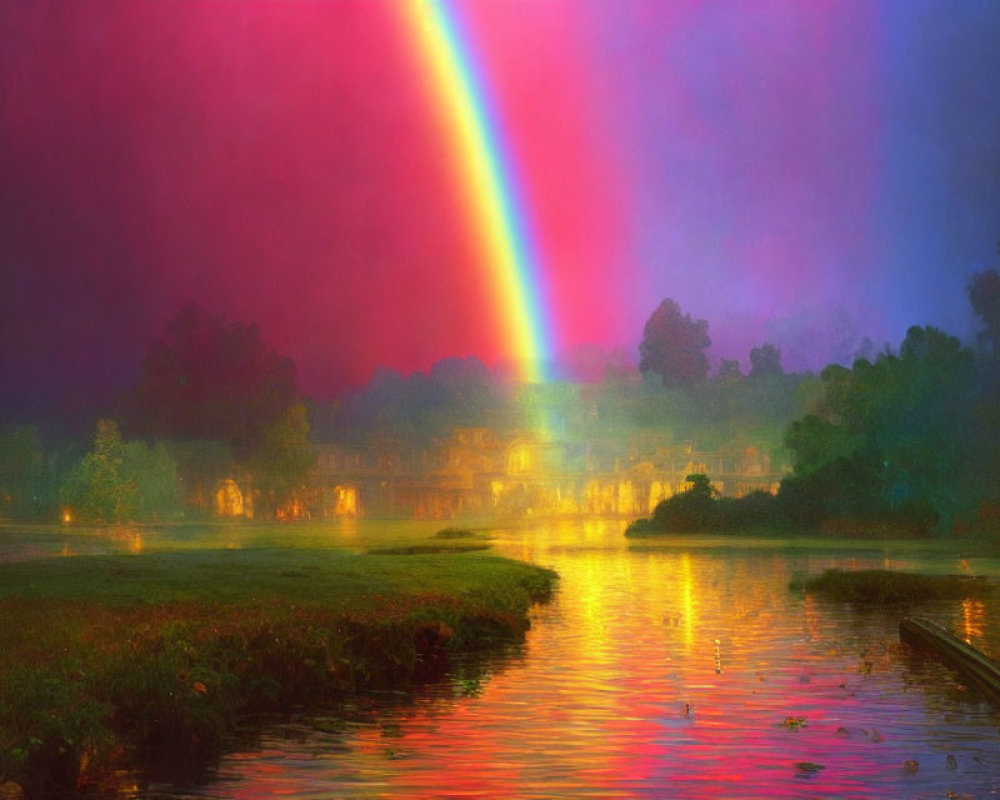 Colorful Rainbow Reflecting in Misty Waterscape with Lush Greenery