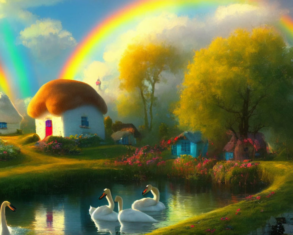 Tranquil landscape with swans, rainbow, and mushroom houses