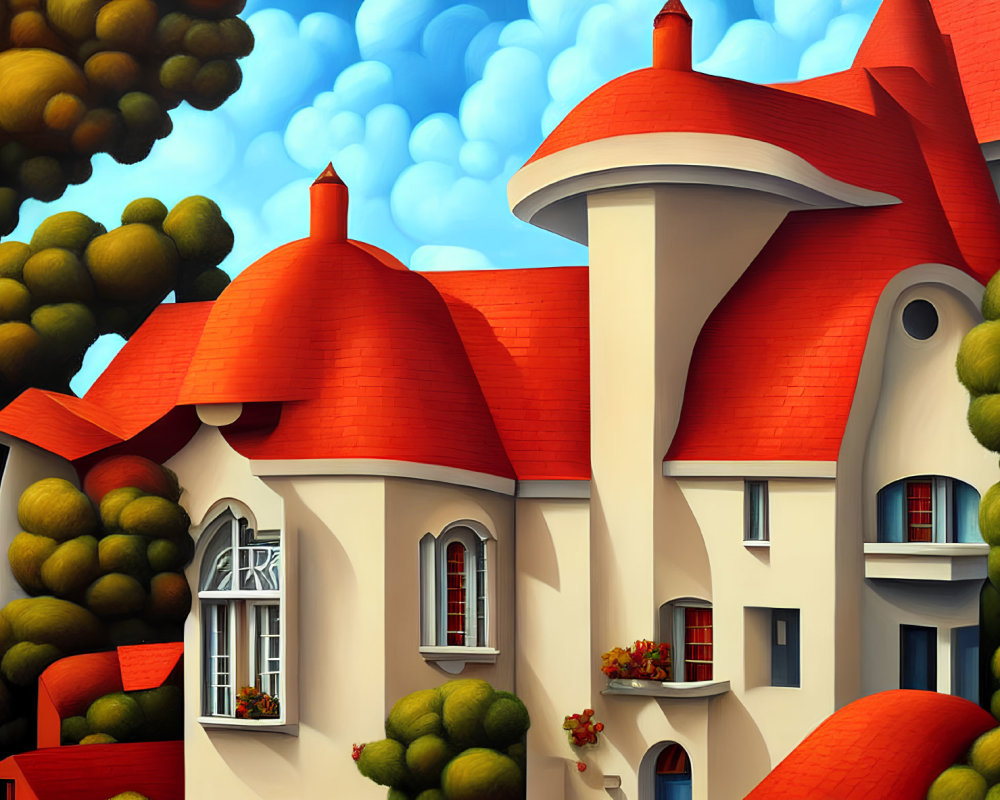 Colorful illustration of house with red roofs in nature setting