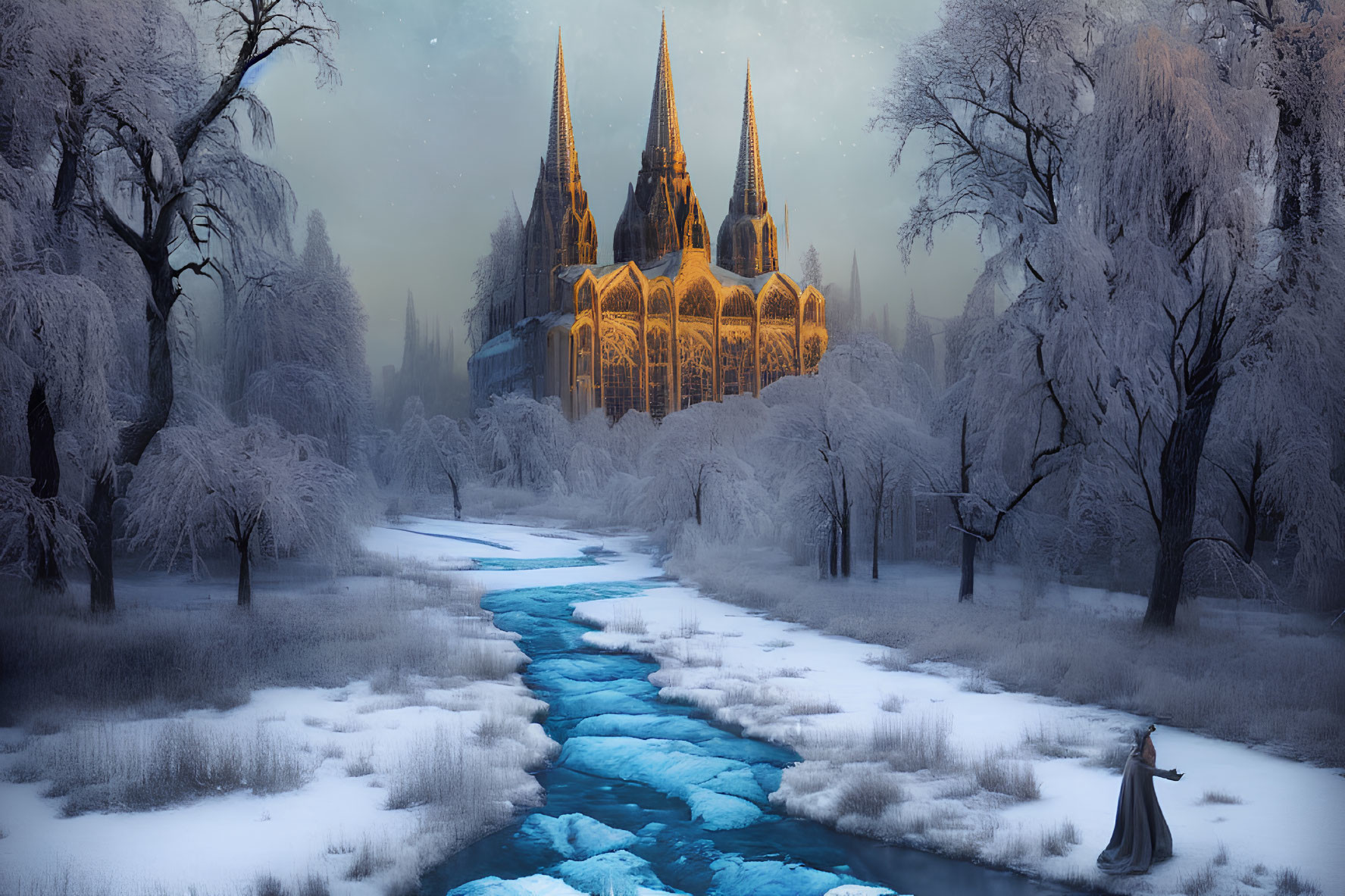 Winter landscape with person by blue stream and illuminated cathedral