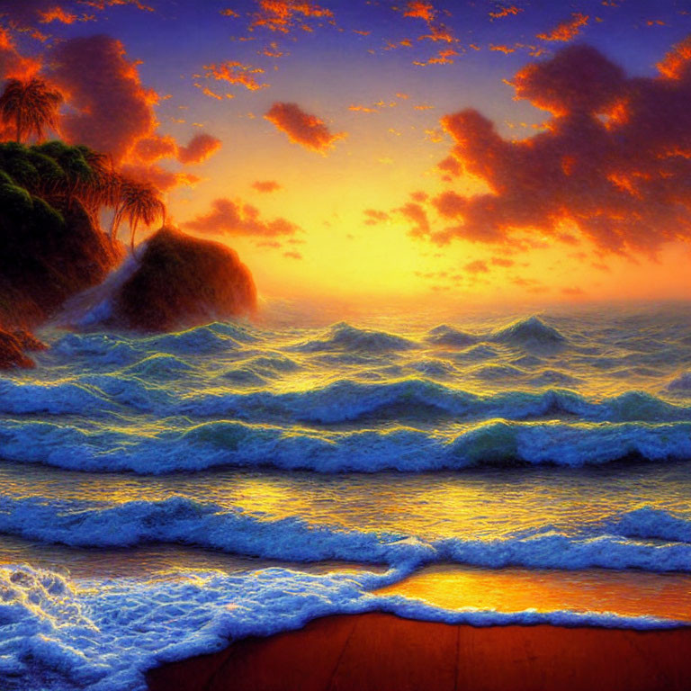 Vibrant sunset over turbulent sea with crashing waves and fiery orange sky.