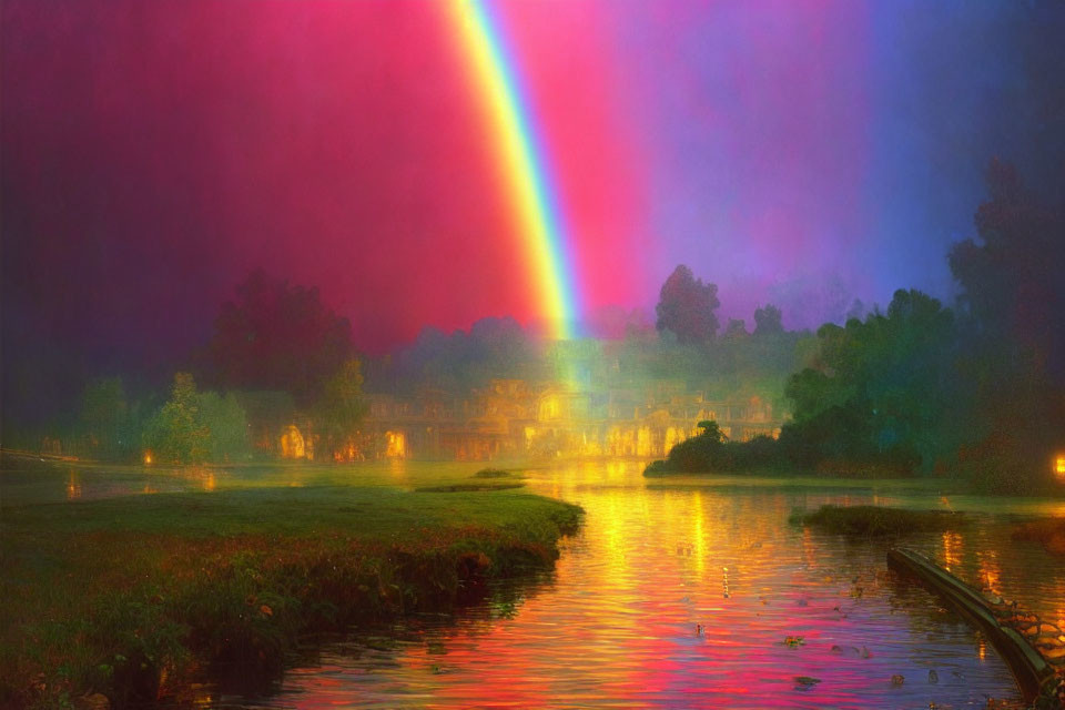 Colorful Rainbow Reflecting in Misty Waterscape with Lush Greenery