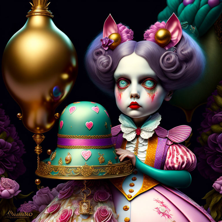 Whimsical digital artwork of doll-like character with lavender hair and heart-themed makeup holding ornate egg