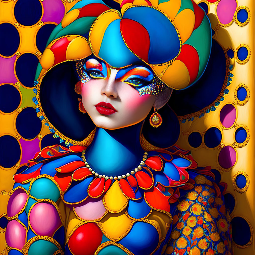 Colorful Woman Illustration with Multicolored Headdress and Vivid Attire