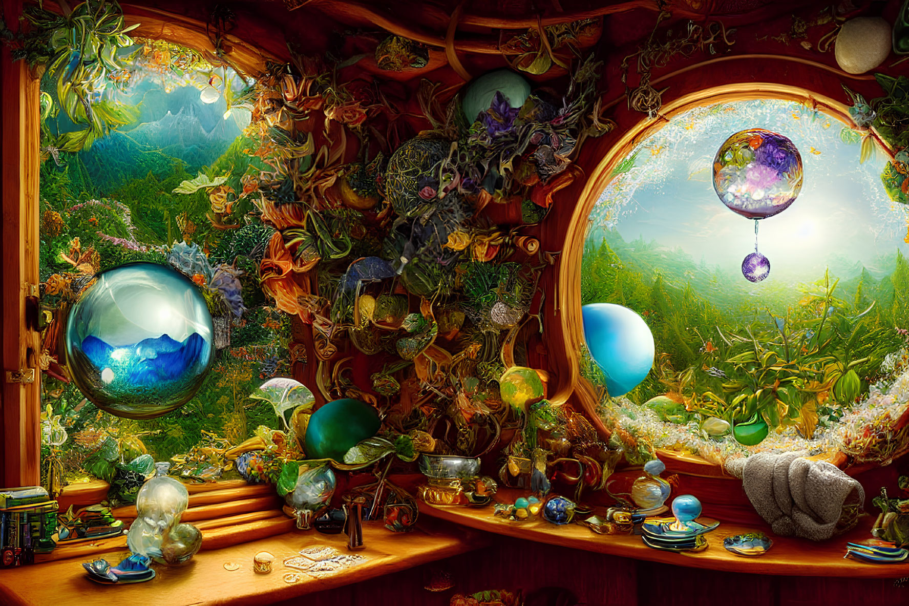 Interior scene with floating crystals, greenery, glass orbs, and vintage objects