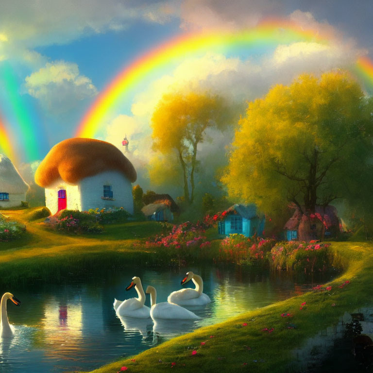 Tranquil landscape with swans, rainbow, and mushroom houses