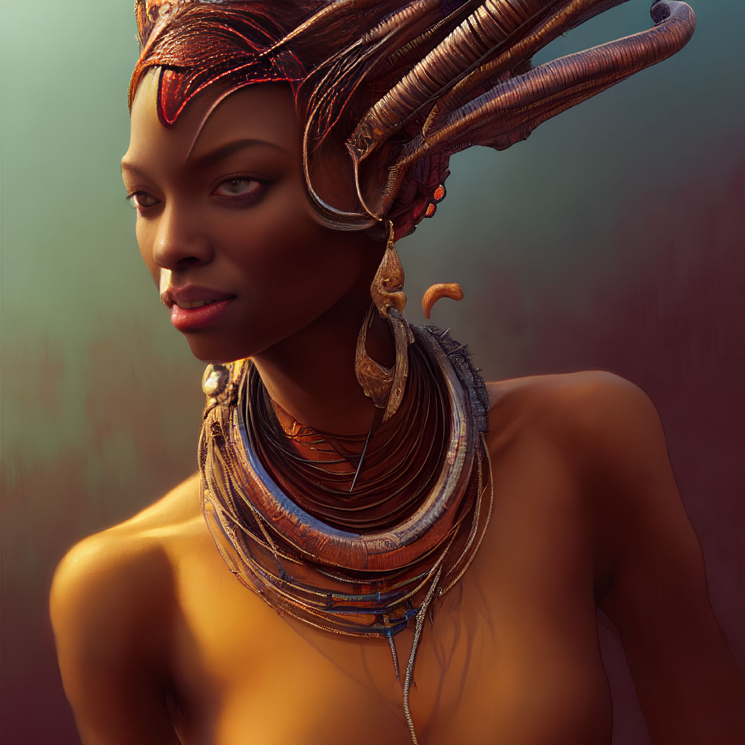 Digital Artwork: Woman with Elaborate Horned Headdress