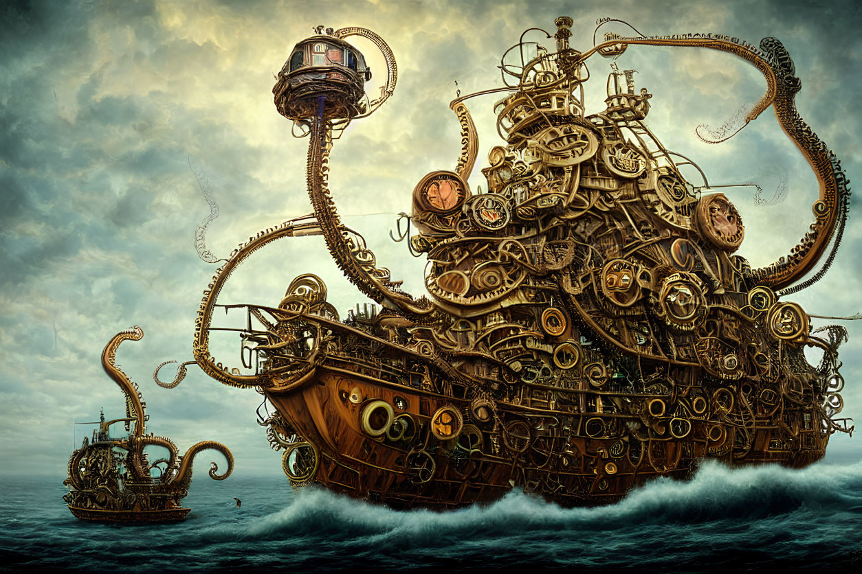 Steampunk-style ships with intricate gears and octopus-like appendages sailing on choppy seas