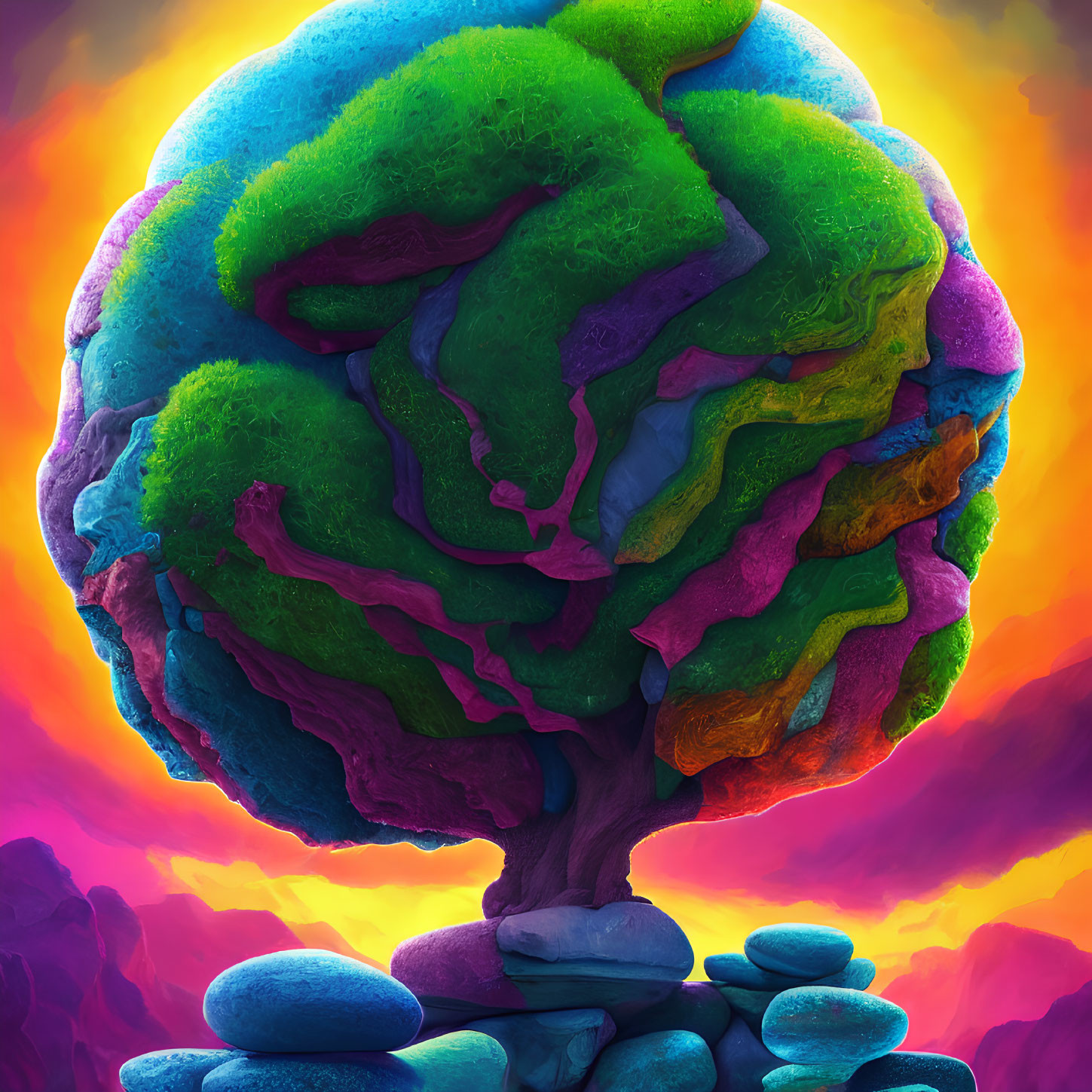 Colorful surreal artwork: Tree with brain-like foliage against vibrant sky