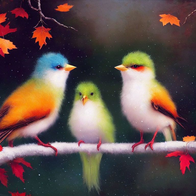 Colorful Stylized Birds Perched on Snowy Branch