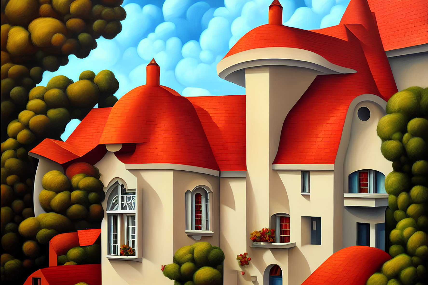Colorful illustration of house with red roofs in nature setting