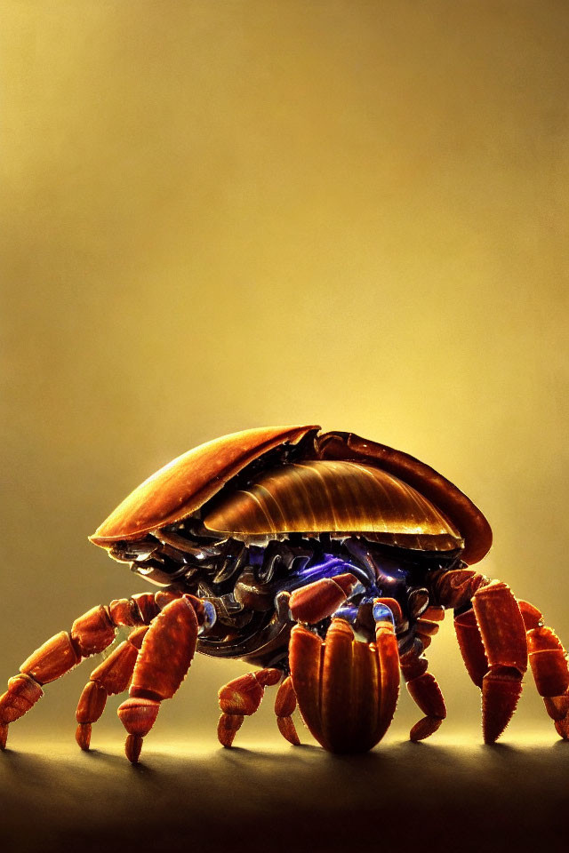Stylized mechanical crab with glowing blue core on golden backdrop