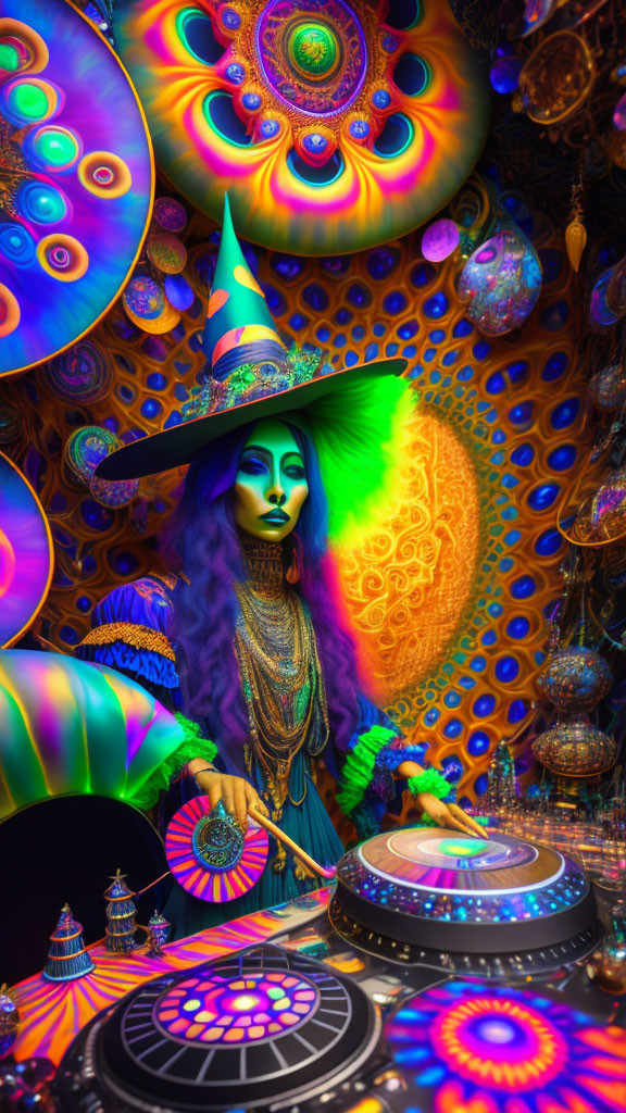 Colorful Psychedelic Fantasy Scene with Wizard Costume