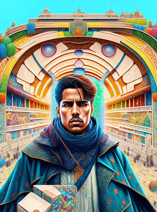Detailed illustration of a man in ornate robe and blue scarf against colorful archway