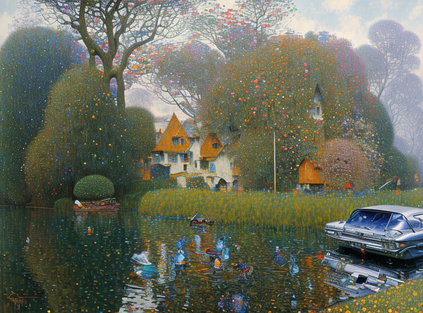 Tranquil pond with ducks, classic car, and colorful trees by cozy cottages