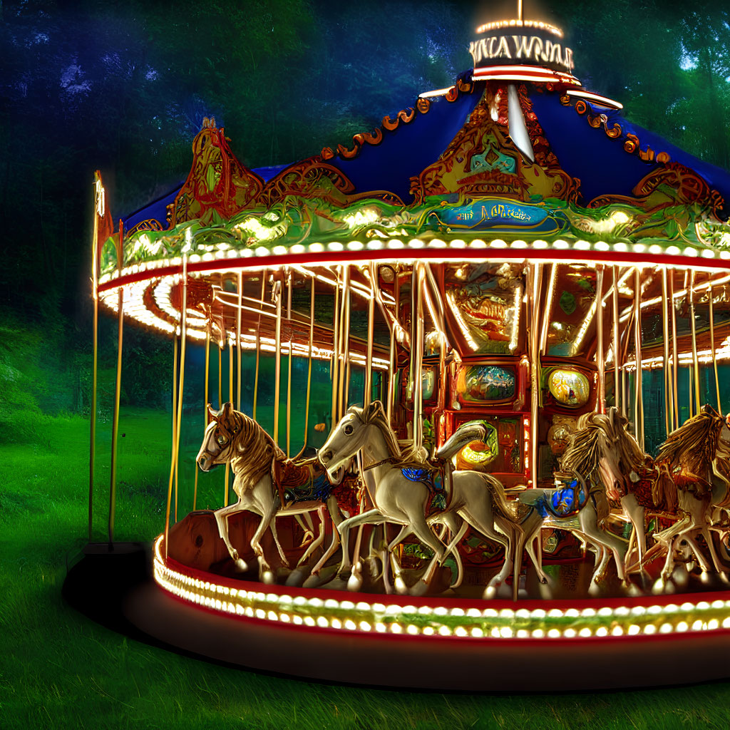 Vibrant carousel with galloping horse figures in night forest setting