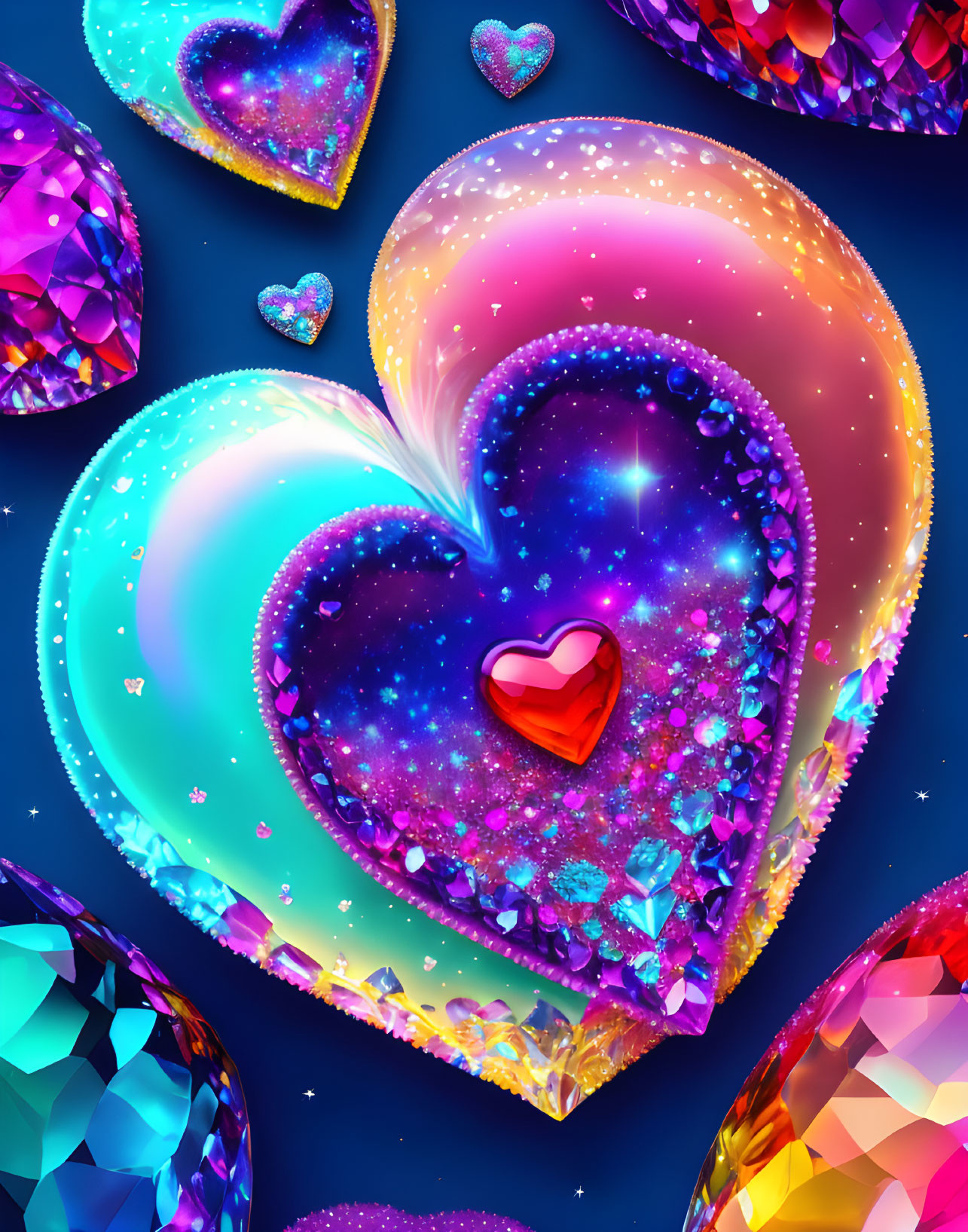 Colorful heart-shaped gems with cosmic nebula inside, glowing aura on dark background