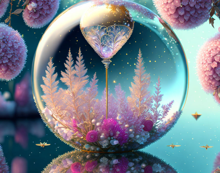 Detailed digital art: hourglass in bubble with pink flora, golden stars, mirrored on water.