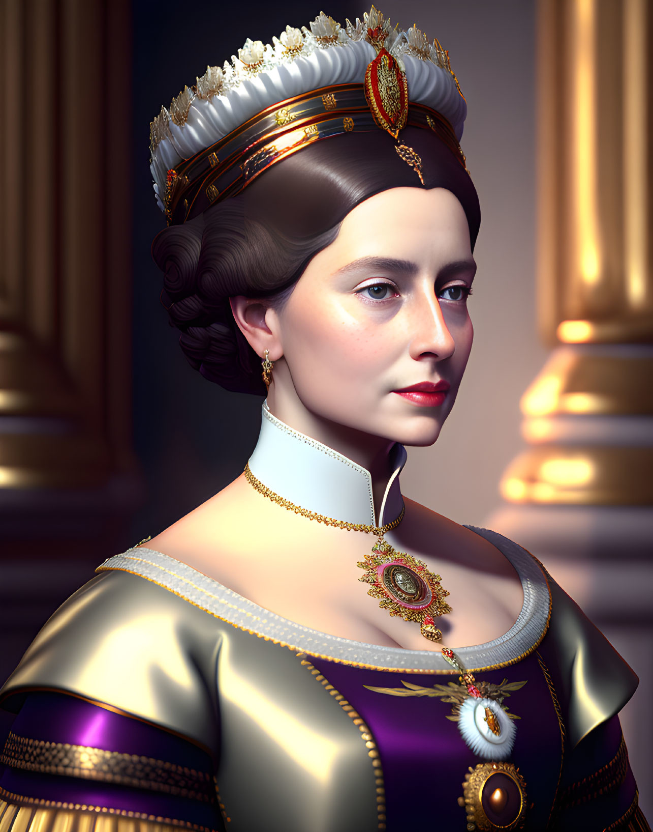 Digital portrait of woman styled as royalty with crown, pearl accessories, purple and gold gown, in grand