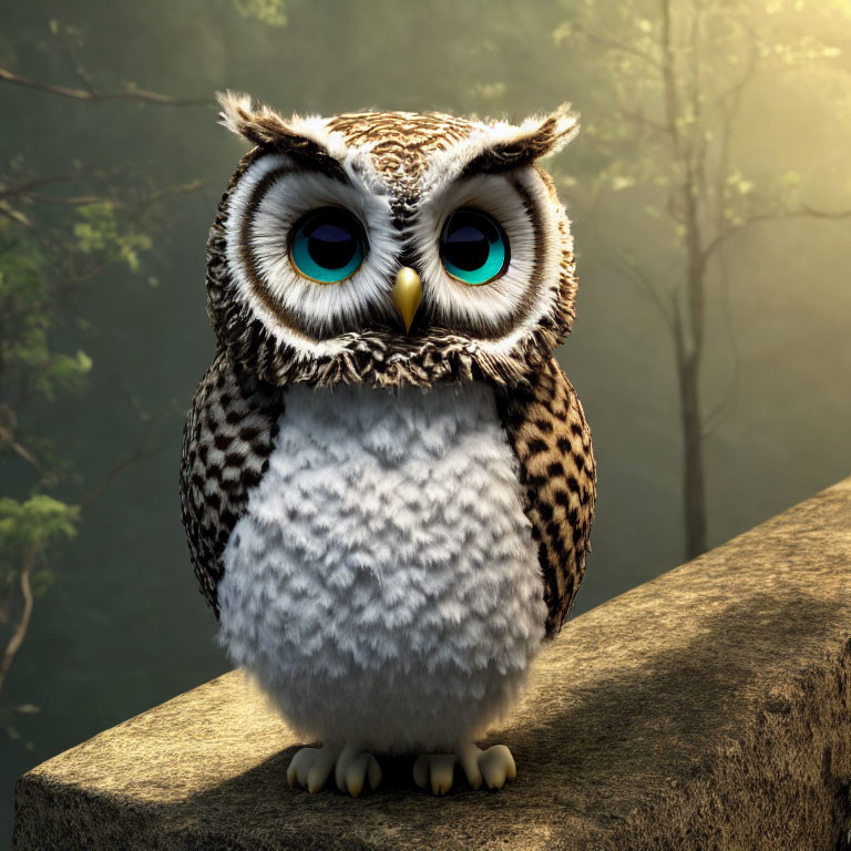 Stylized cute owl digital illustration with blue eyes on stone ledge in misty forest