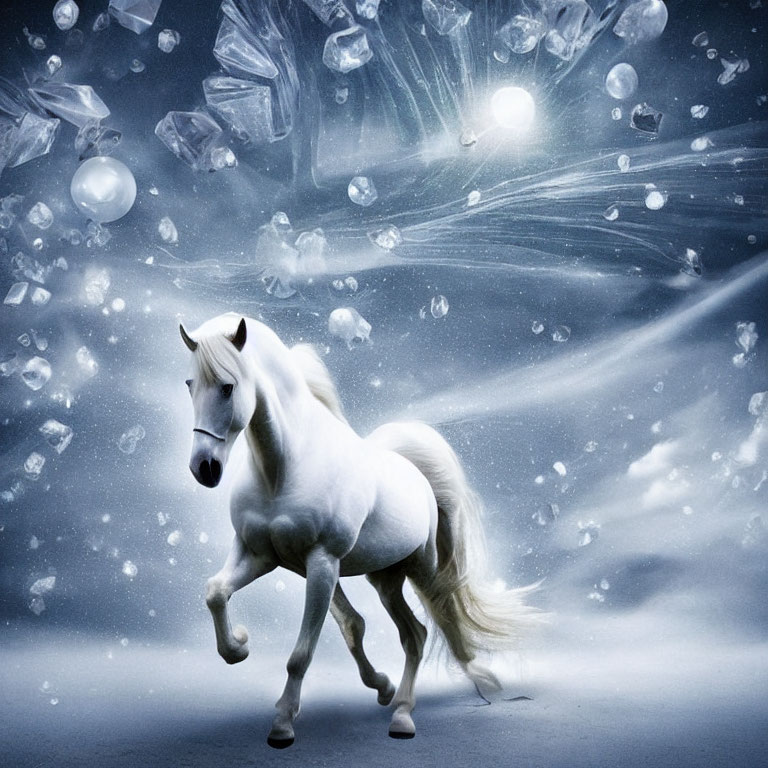 White horse galloping under a fantastical sky with sparkling crystals