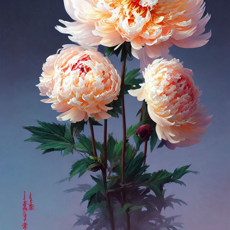 Detailed painting of three blooming pinkish-white peonies with bud and leaves on grey background with