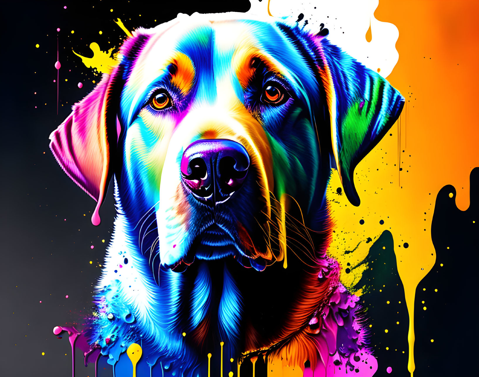 Colorful Neon Dog Artwork Against Black Background