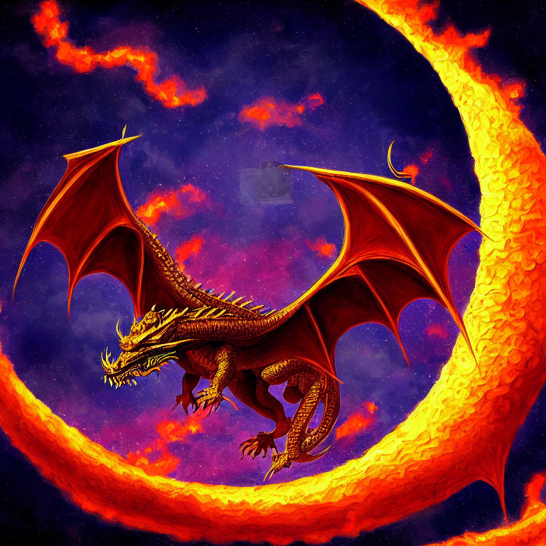 Red dragon with expansive wings under fiery crescent moon & starry sky
