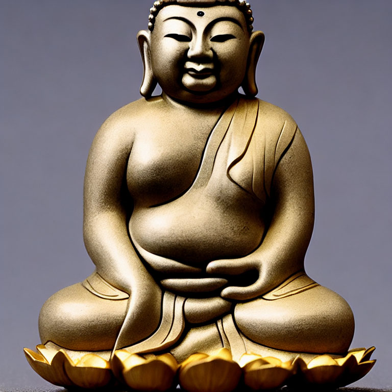 Golden Buddha Statue in Meditative Pose on Lotus Flower Base Against Grey Background