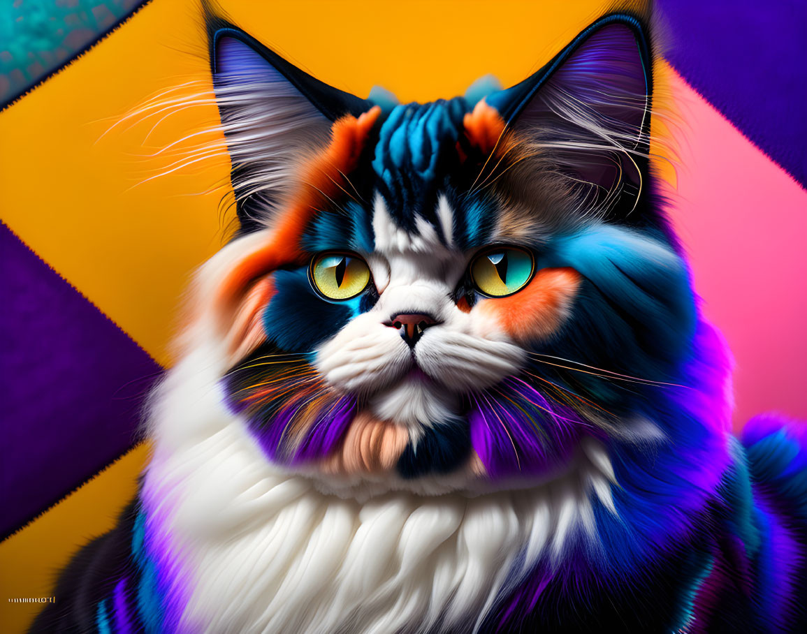 Colorful Digital Art: Long-Haired Cat with Orange Eyes on Geometric Background