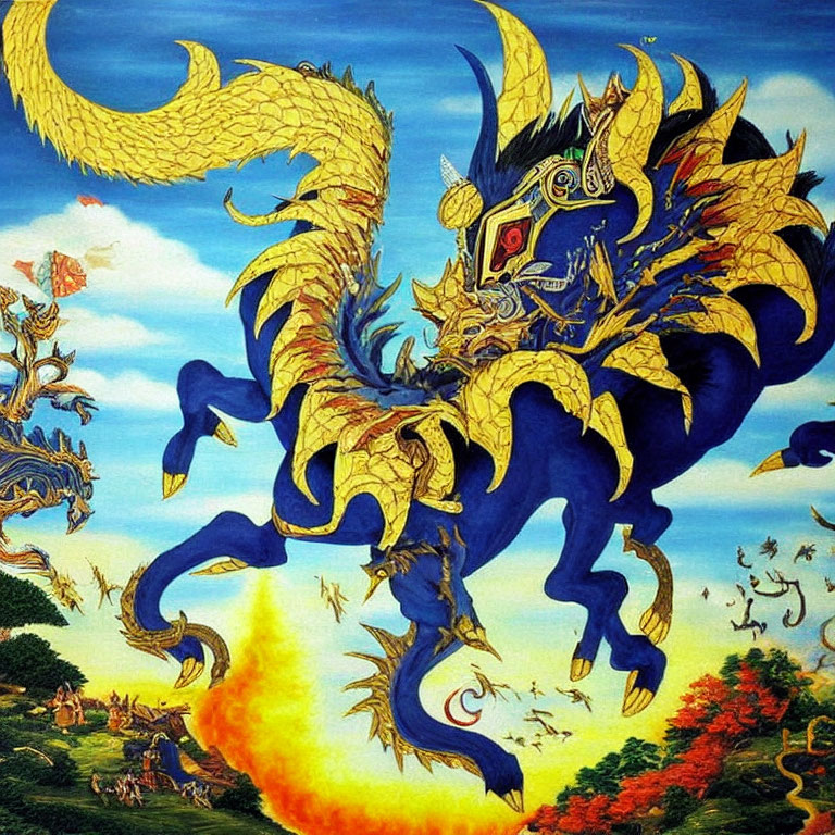 Mythical dragon with golden scales breathing fire against blue sky