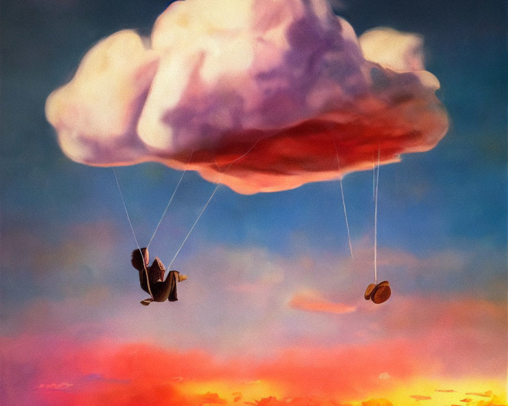 Illustration of person on swing hanging from cloud in sunset sky