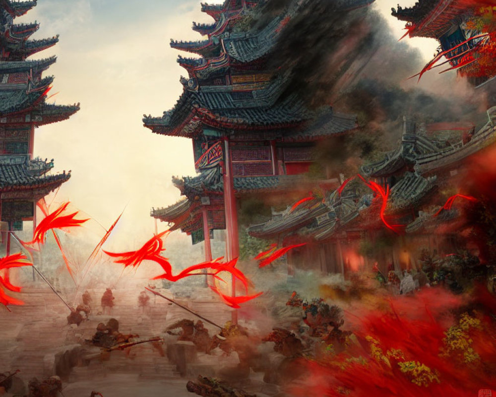 Warriors in battle at traditional Chinese architecture with red wisps and dramatic sky.