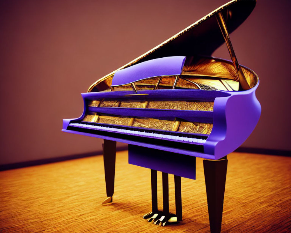 Surreal violet grand piano with distorted keys on wooden floor
