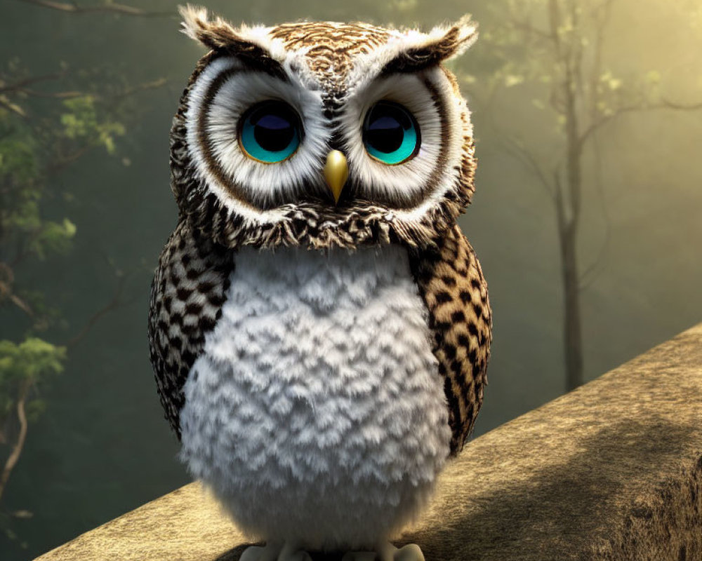 Stylized cute owl digital illustration with blue eyes on stone ledge in misty forest
