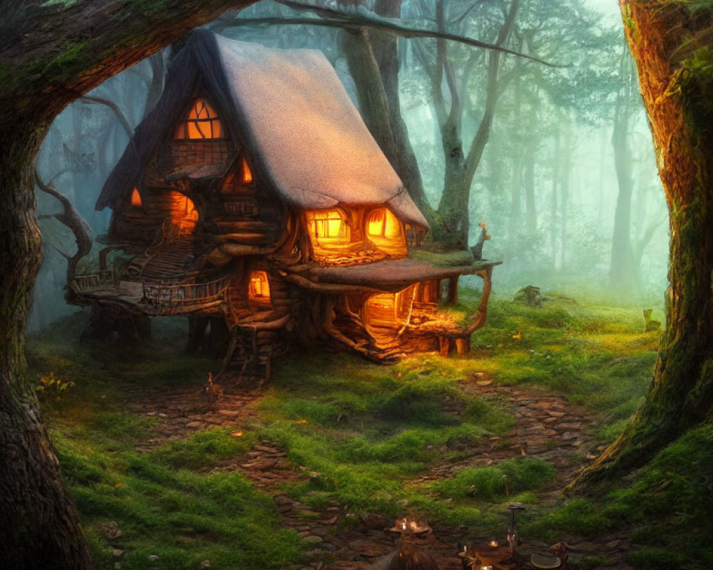 Wooden Cottage in Misty Forest with Glowing Windows and Tea Set